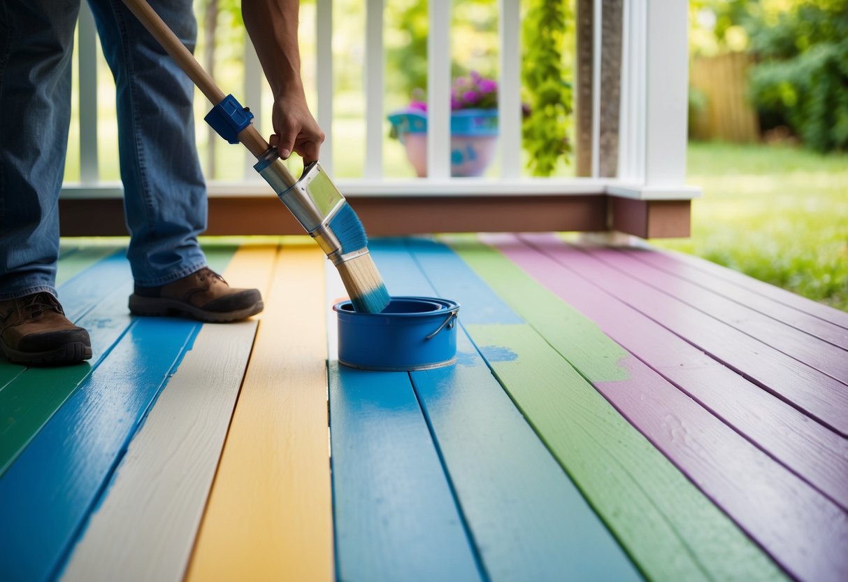 A porch floor being painted with various colors and designs, showcasing the benefits of adding visual interest and protection to the outdoor space