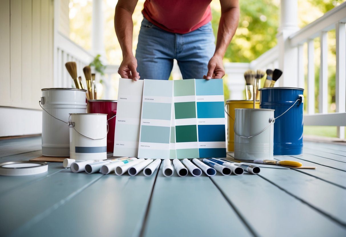 A person selecting paint colors from a variety of swatches, surrounded by paint cans and brushes, with a porch floor as the backdrop