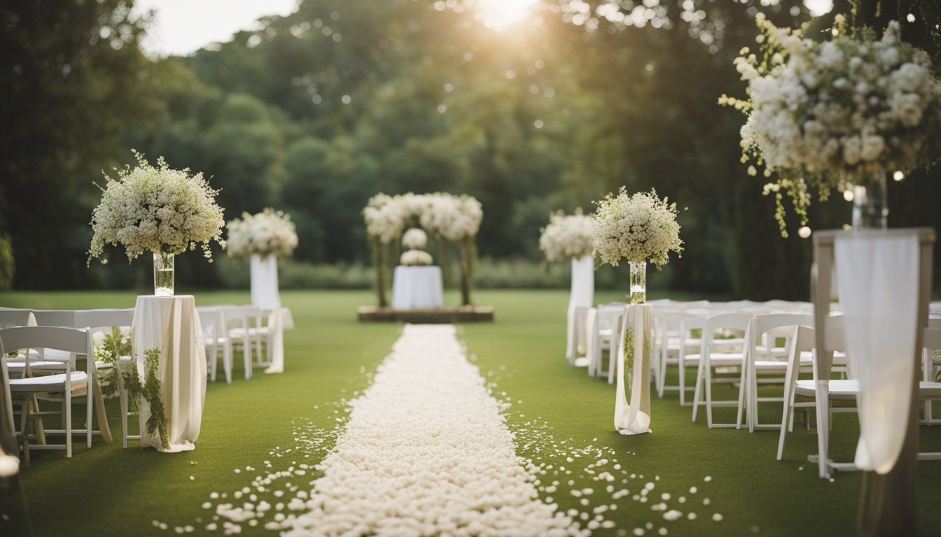 A casual outdoor wedding setting with a theme of nature and simplicity