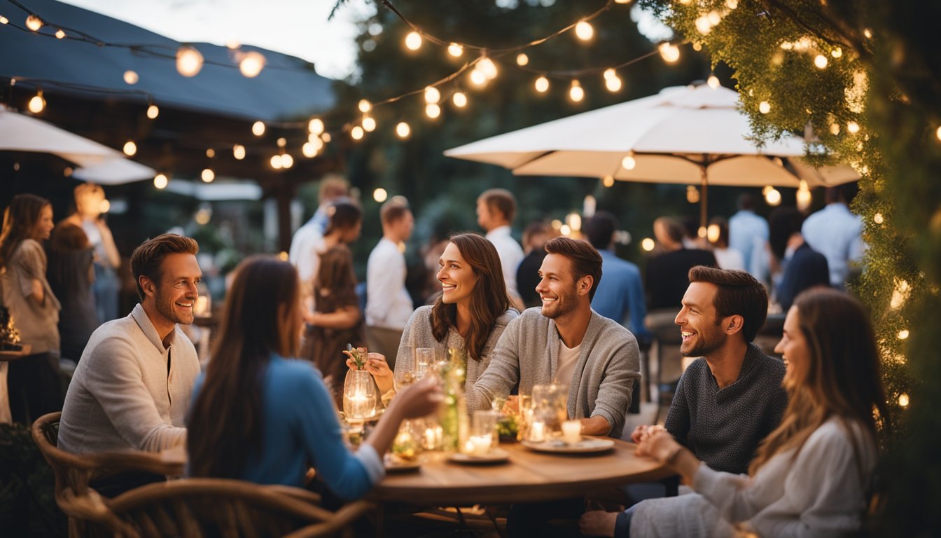 Outdoor setting with string lights, casual seating, and a relaxed atmosphere. Guests wearing comfortable and informal attire, mingling and enjoying the celebration