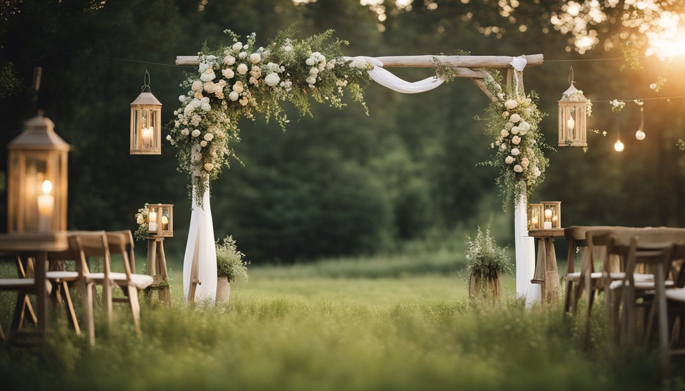 A small informal wedding in a rustic outdoor setting with wildflowers, lanterns, and a simple wooden archway