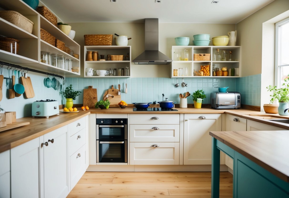 A cozy, clutter-free kitchen with clever storage solutions, compact appliances, and a bright, airy color scheme