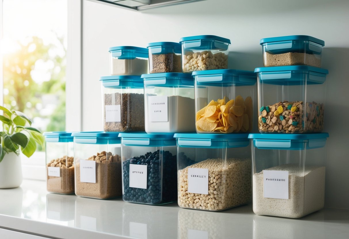 Transparent storage containers neatly arranged on kitchen shelves, holding various dry goods and pantry staples. Brightly lit kitchen with modern, minimalist design