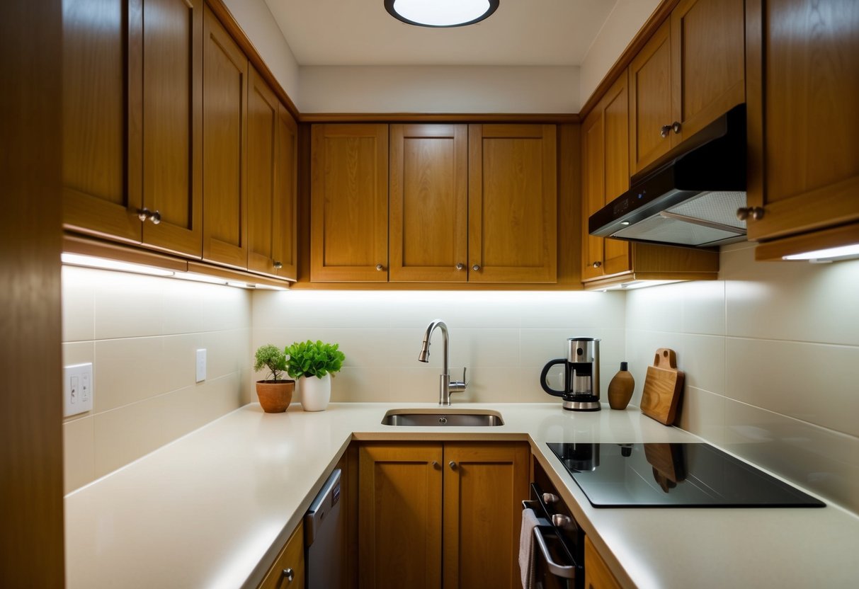 A small kitchen with under-cabinet lighting, illuminating the countertop and creating a warm, inviting atmosphere