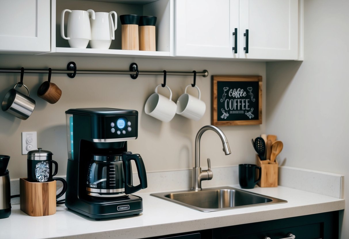 A compact kitchen counter with a coffee maker, mugs, and various coffee supplies neatly organized on shelves and hooks. A small chalkboard or sign with coffee-related artwork adds a decorative touch