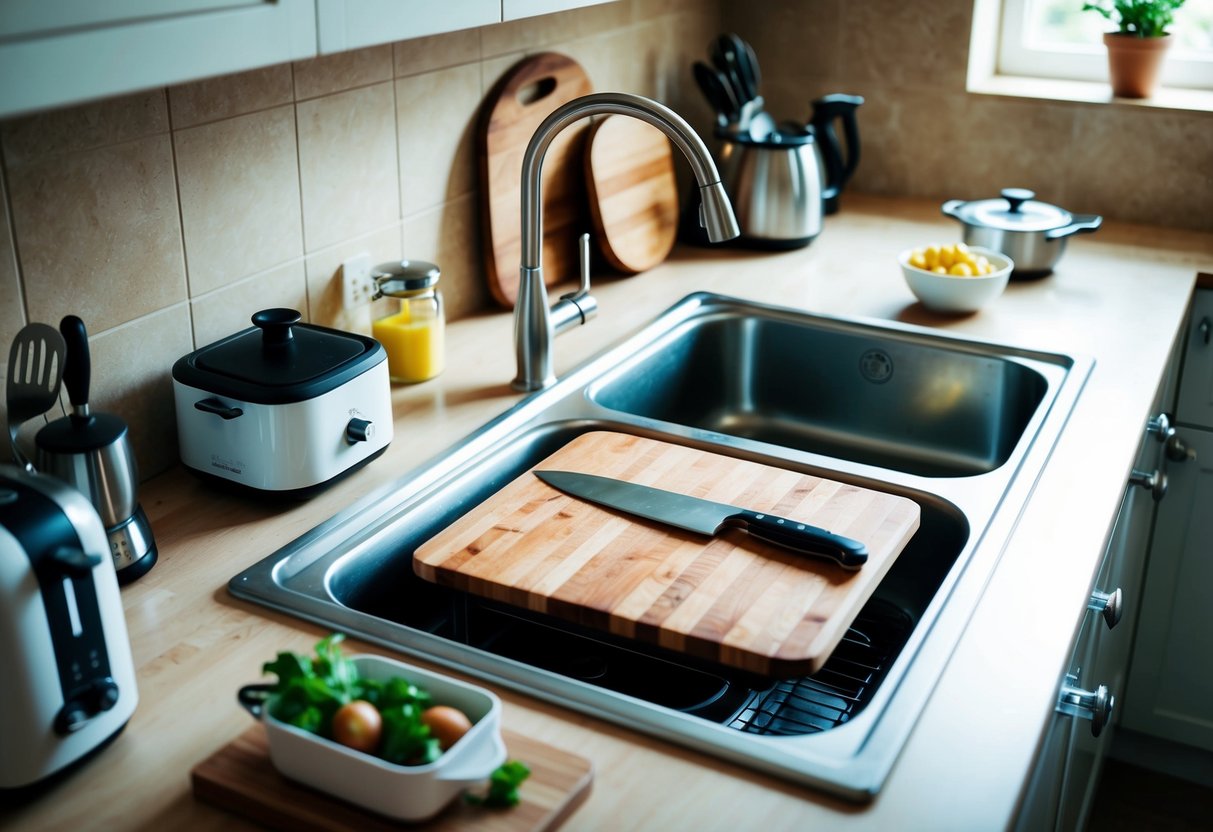 A kitchen with sink cutting boards in use, surrounded by small kitchen appliances and utensils