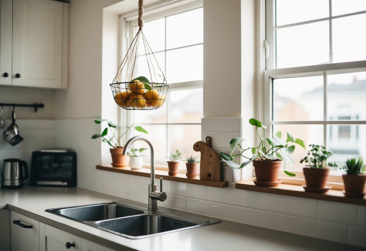 A cozy kitchen with a hanging fruit basket, small plants on the windowsill, and minimalistic decor