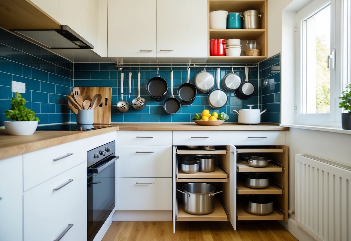 A small kitchen with clever storage solutions, hanging pots and pans, pull-out drawers, and multi-functional furniture. Bright, organized, and efficient