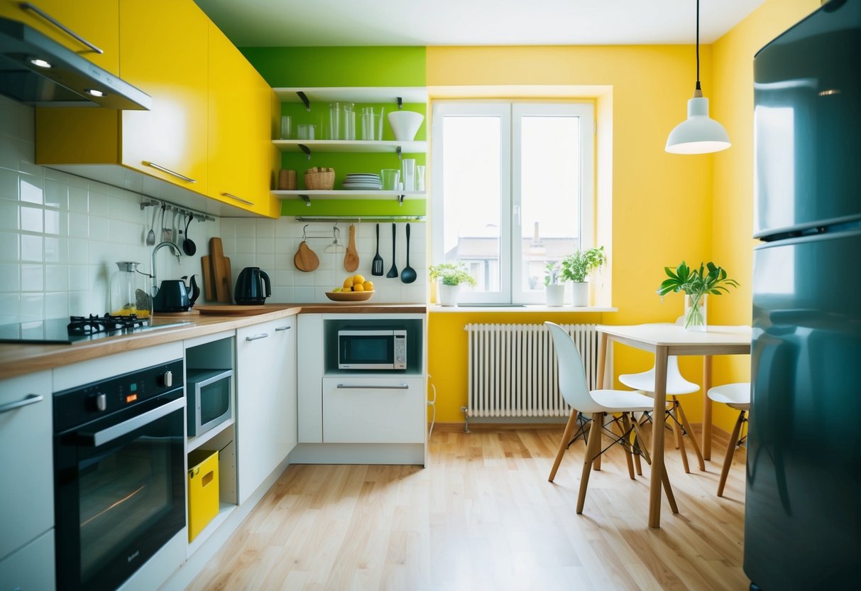 A small kitchen with clever storage solutions, a compact dining area, and efficient use of space. Bright colors and natural light create a welcoming atmosphere