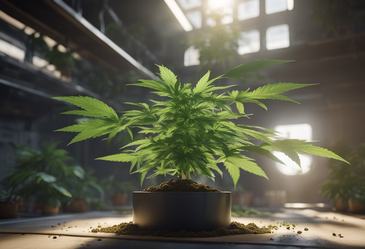 A cannabis plant grows in a well-lit indoor setting with soil, water, and nutrients nearby. The plant is in the early stages of growth, with vibrant green leaves and a strong central stem