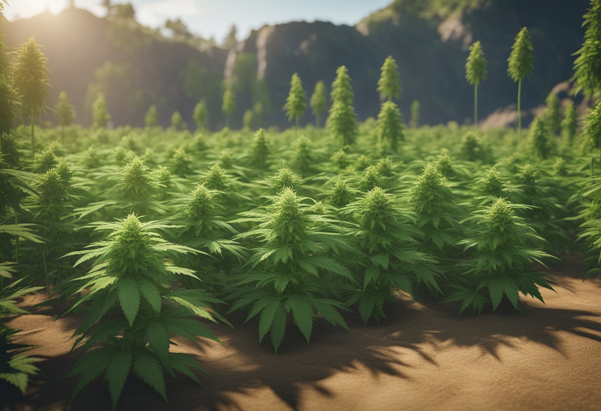 A lush green field with cannabis plants growing tall and healthy under the warm sun