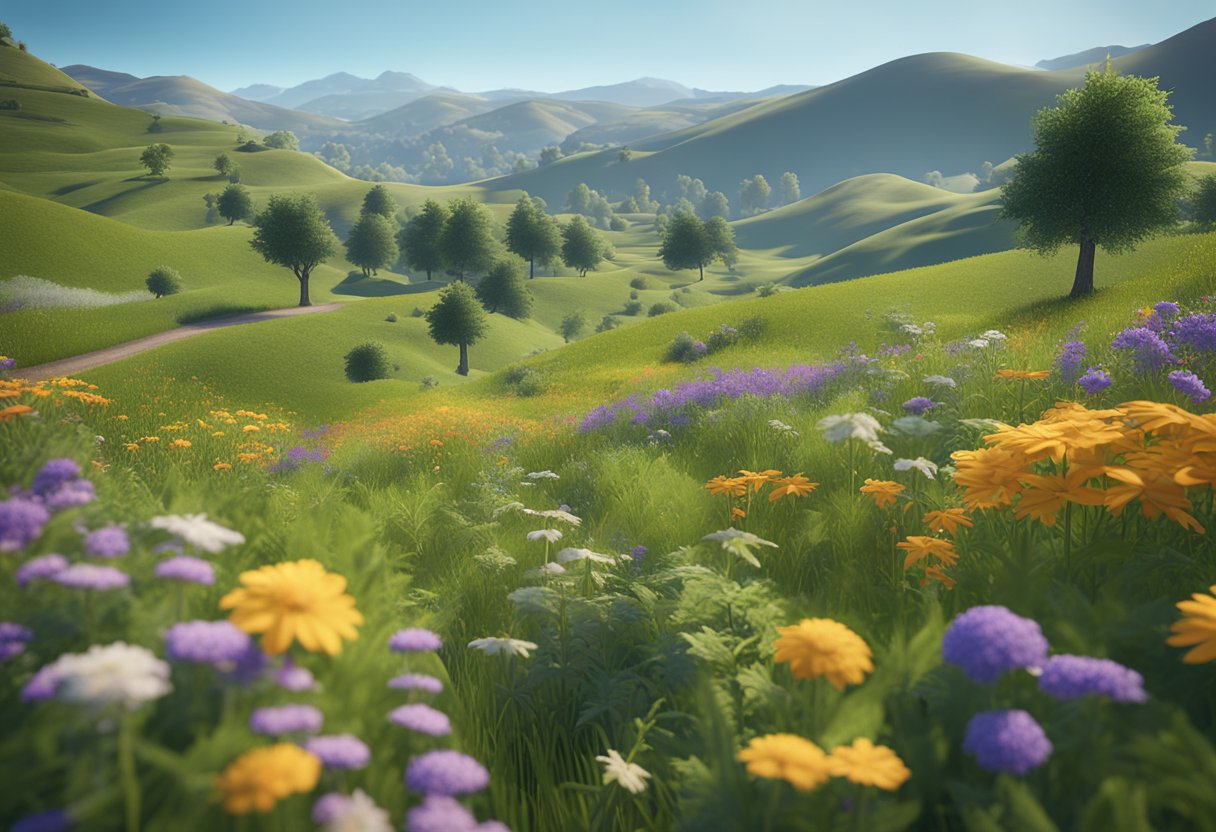 A lush green field with colorful wildflowers, surrounded by rolling hills and a clear blue sky. A signpost with a cannabis leaf symbol stands in the distance