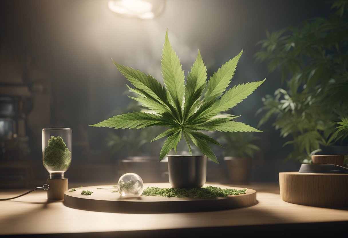 A table with a lit joint, cannabis leaves, and a bong. Smoke rises from the bong, creating a hazy atmosphere