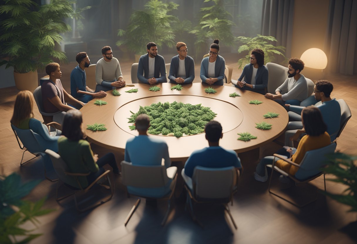 A group of people sitting in a circle, discussing legal and health aspects of cannabis consumption. Legal documents and medical literature are spread out on the table