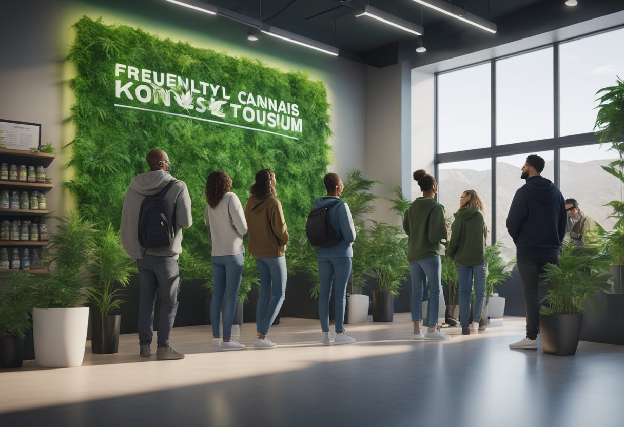 A group of people standing in line at a cannabis dispensary, with a sign displaying "Frequently Asked Questions Cannabis Konsum" in the background