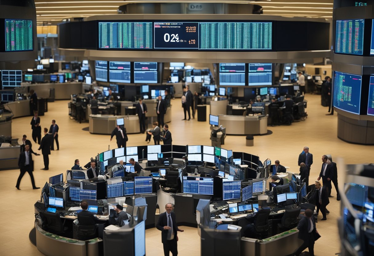 A bustling stock exchange floor with traders gesturing and shouting, while digital screens display fluctuating interest rates and various investment vehicles
