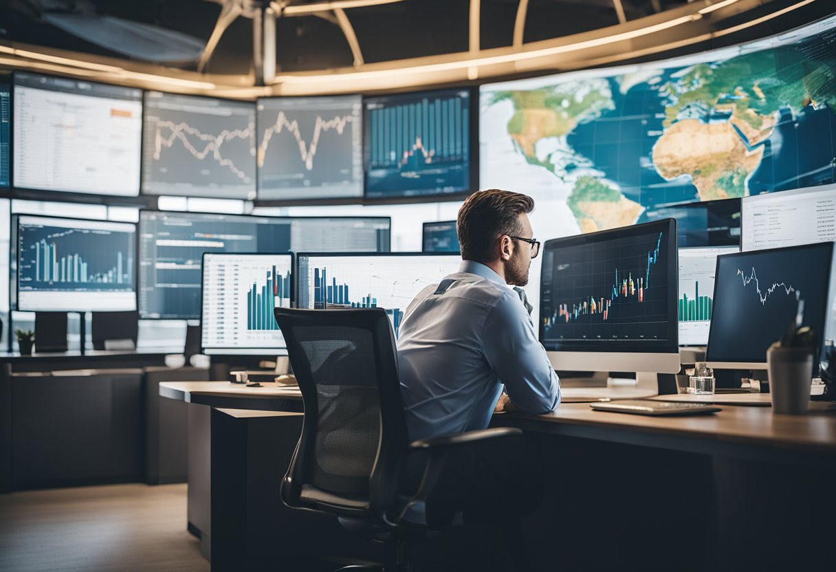 An investor sits at a desk, surrounded by charts and graphs. A world map with various financial markets highlighted hangs on the wall. The investor is deep in thought, pondering the future of investing in a low global interest rate environment