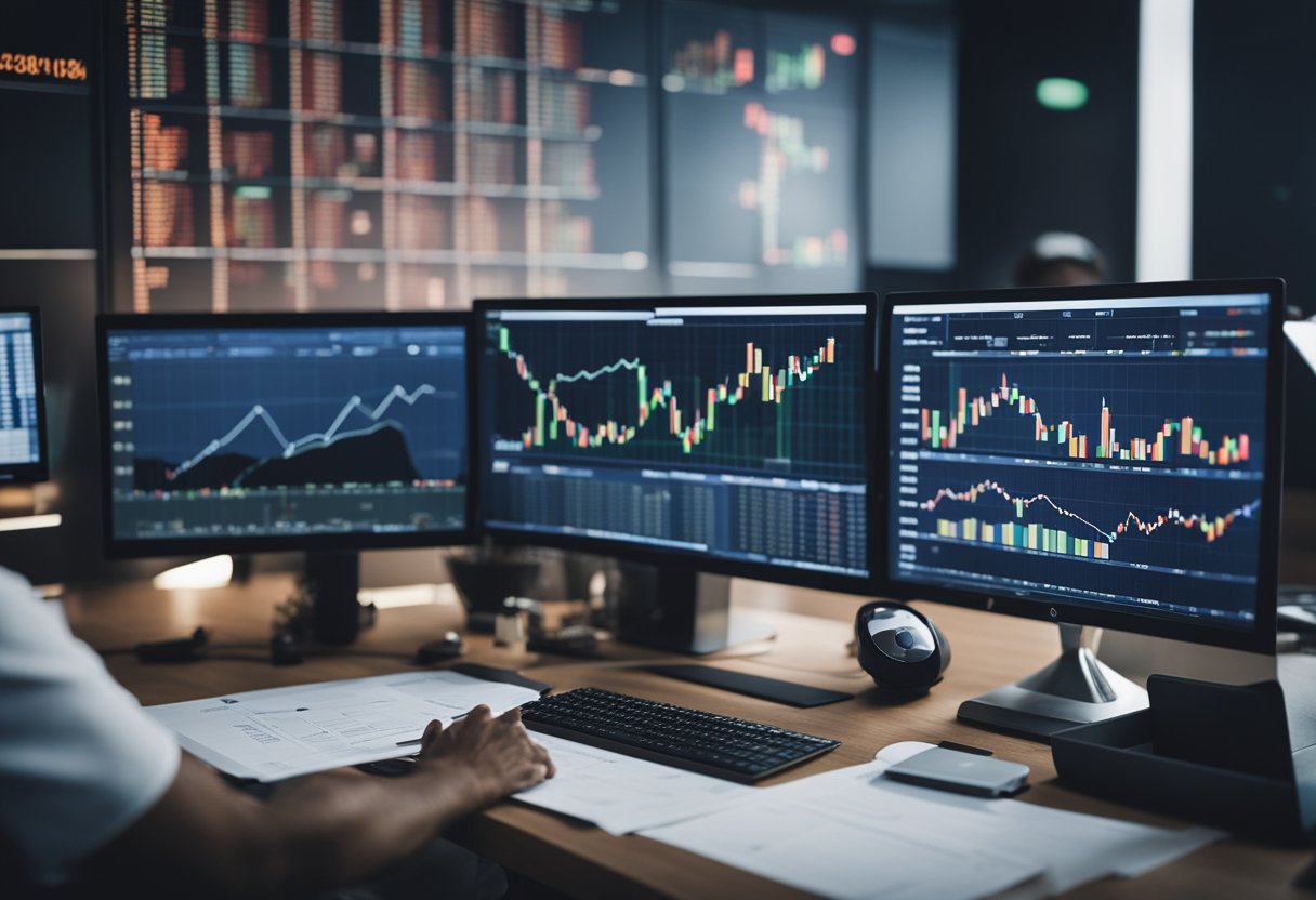 A person researching investment strategies in a low global interest rate environment, surrounded by financial charts, graphs, and a computer