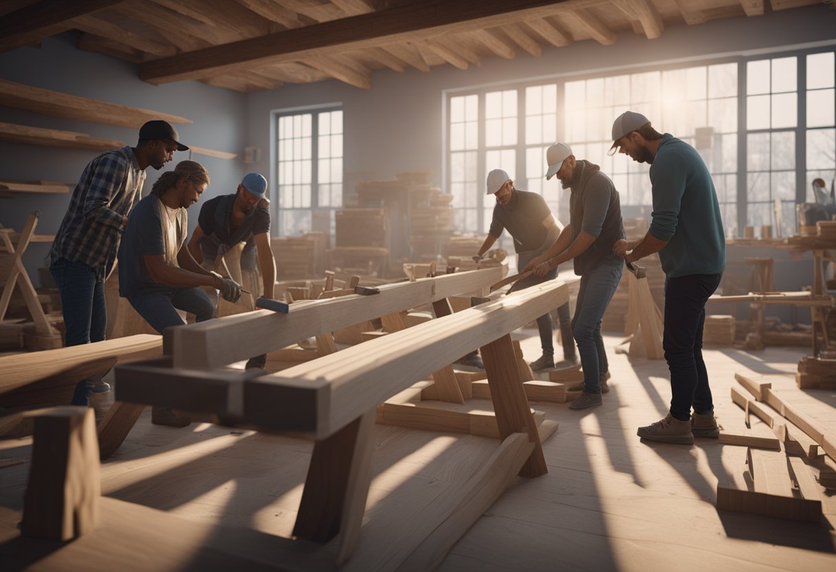 A group of people construct a wooden joint using hammers and nails