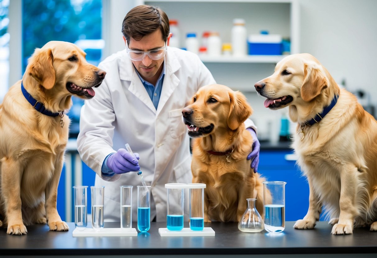 Golden Retrievers sit in a lab, surrounded by beakers and test tubes. A scientist in a white coat works with the dogs, studying their behavior and reactions