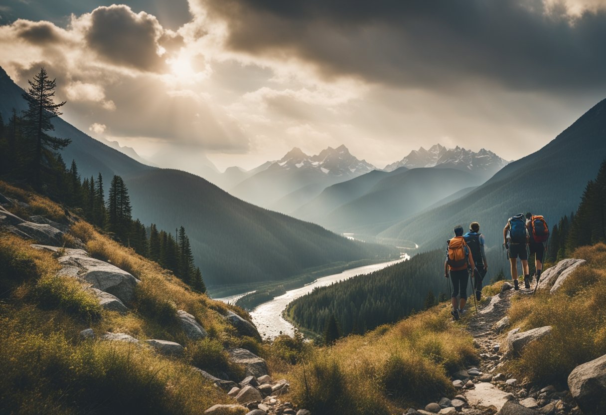 A mountain landscape with hikers on a trail, surrounded by trees, rocks, and a flowing river. The scene includes layers of distant mountains, clouds, and the sky