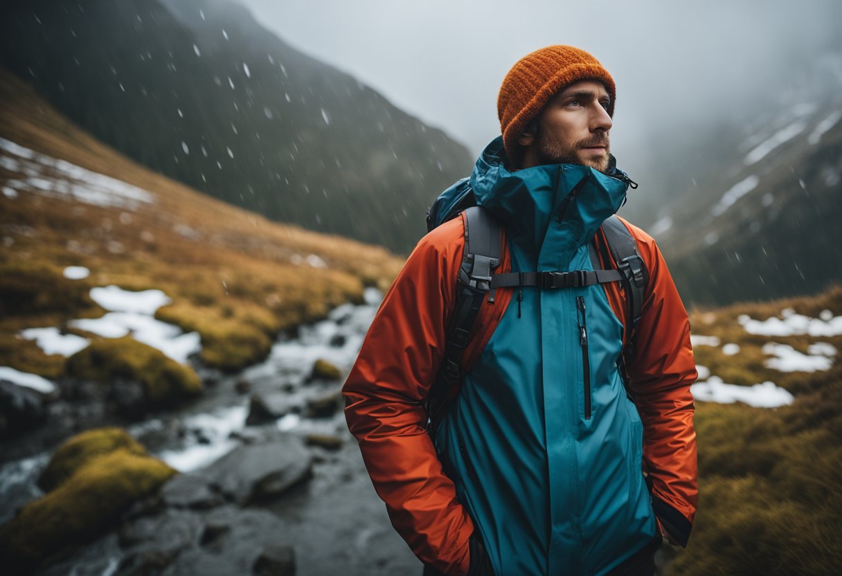 A hiker wearing multiple layers of clothing, including a base layer, insulating layer, and waterproof outer layer, standing in a variety of weather conditions such as rain, snow, and sunshine