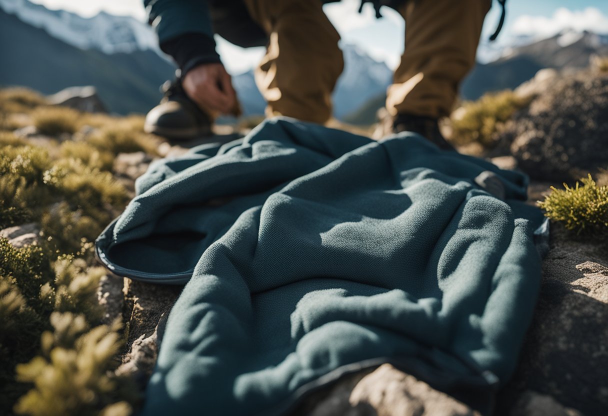 A hiker layering clothing for outdoor activities, with items such as base layers, insulating layers, and outer shells laid out in a clear sequence