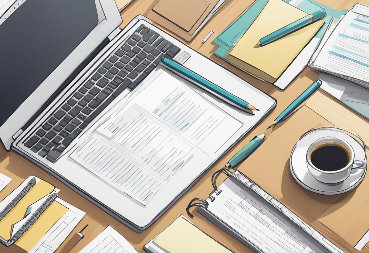 A desk with a neatly organized stack of resumes, a laptop, and a notebook with various resume objective statements written on it