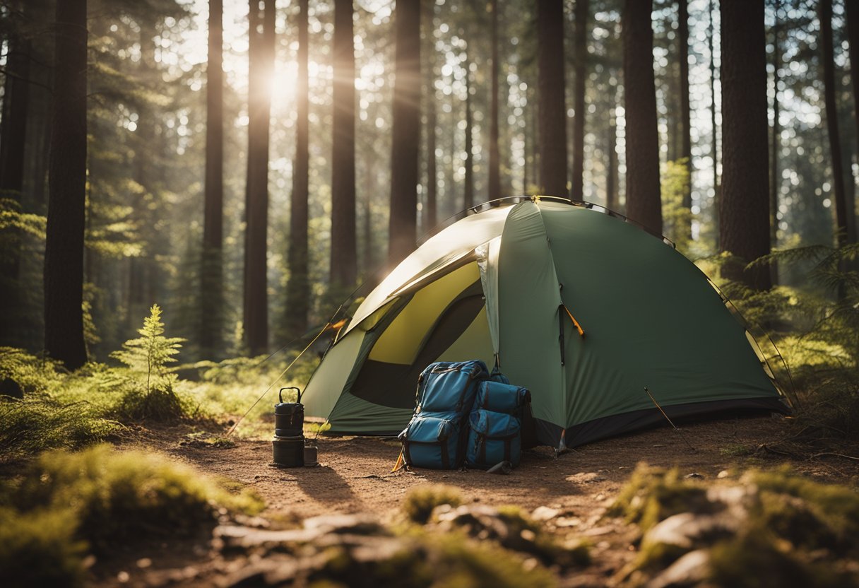 A tent pitched in a forest clearing, with a campfire nearby and a backpack leaning against a tree. A map and compass lay on the ground