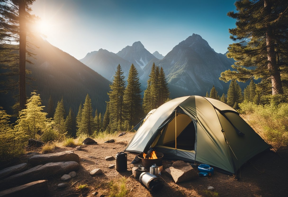 A campsite with a tent, backpack, and campfire. A person is packing supplies and practicing fire-making skills. Trees and a mountain are in the background