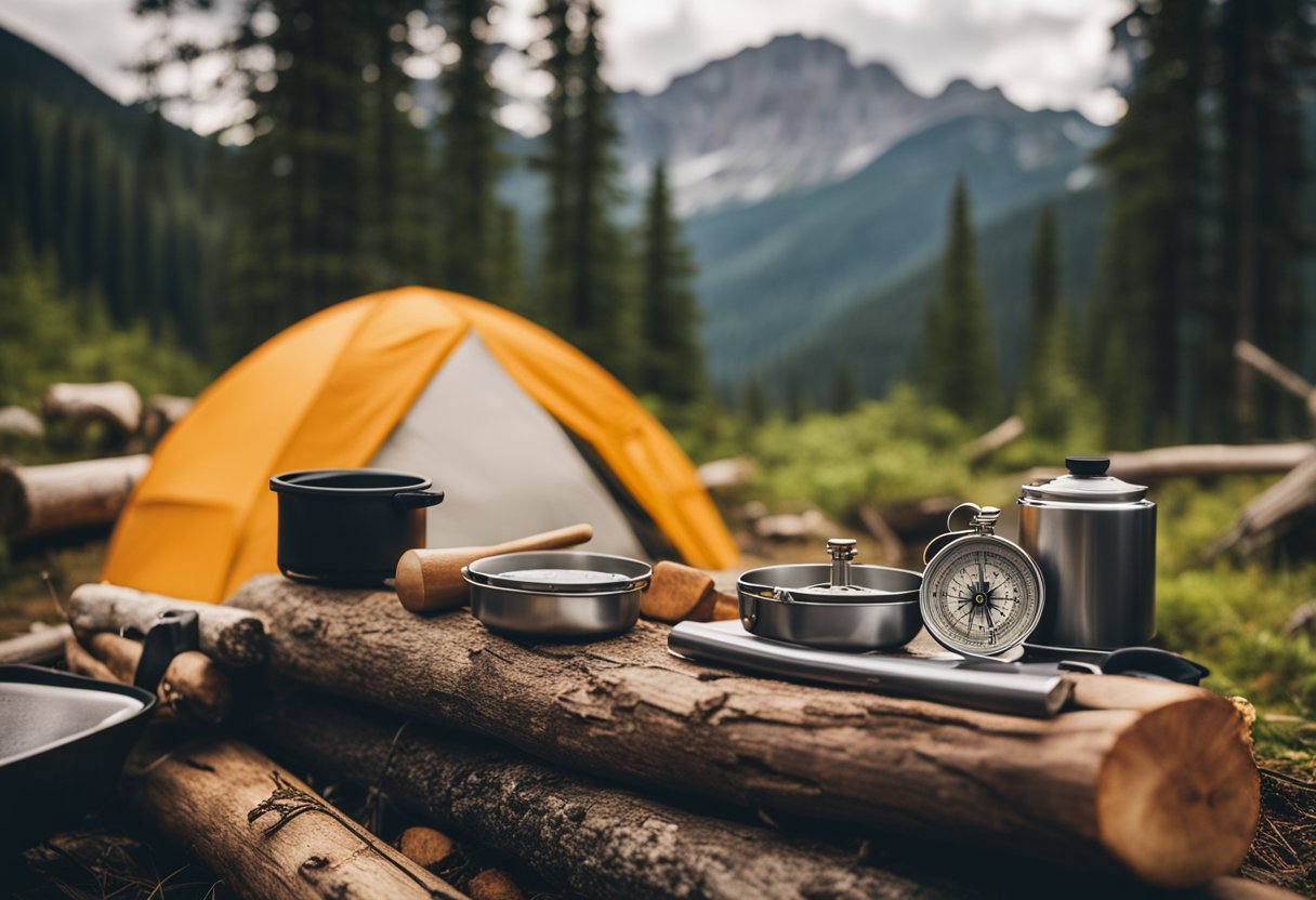 A campsite with a tent, campfire, and cooking supplies. A map and compass lay on a log. Trees and mountains in the background