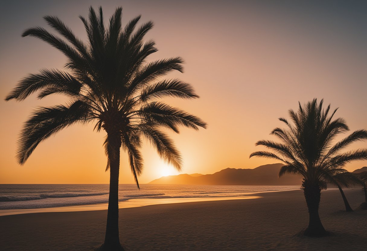 A sun setting over the Pacific Ocean, casting a warm glow on the palm trees and sandy beaches, with a clock showing the time difference between California and another location