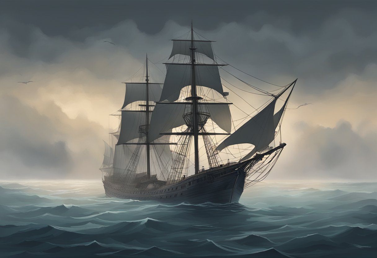 A deserted ship adrift at sea, with tattered sails and empty decks, surrounded by mist and eerie silence