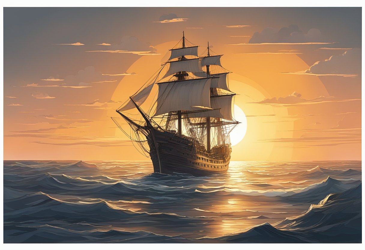 A deserted ship adrift at sea, with tattered sails and empty decks. The sun sets on the horizon, casting an eerie glow on the abandoned vessel