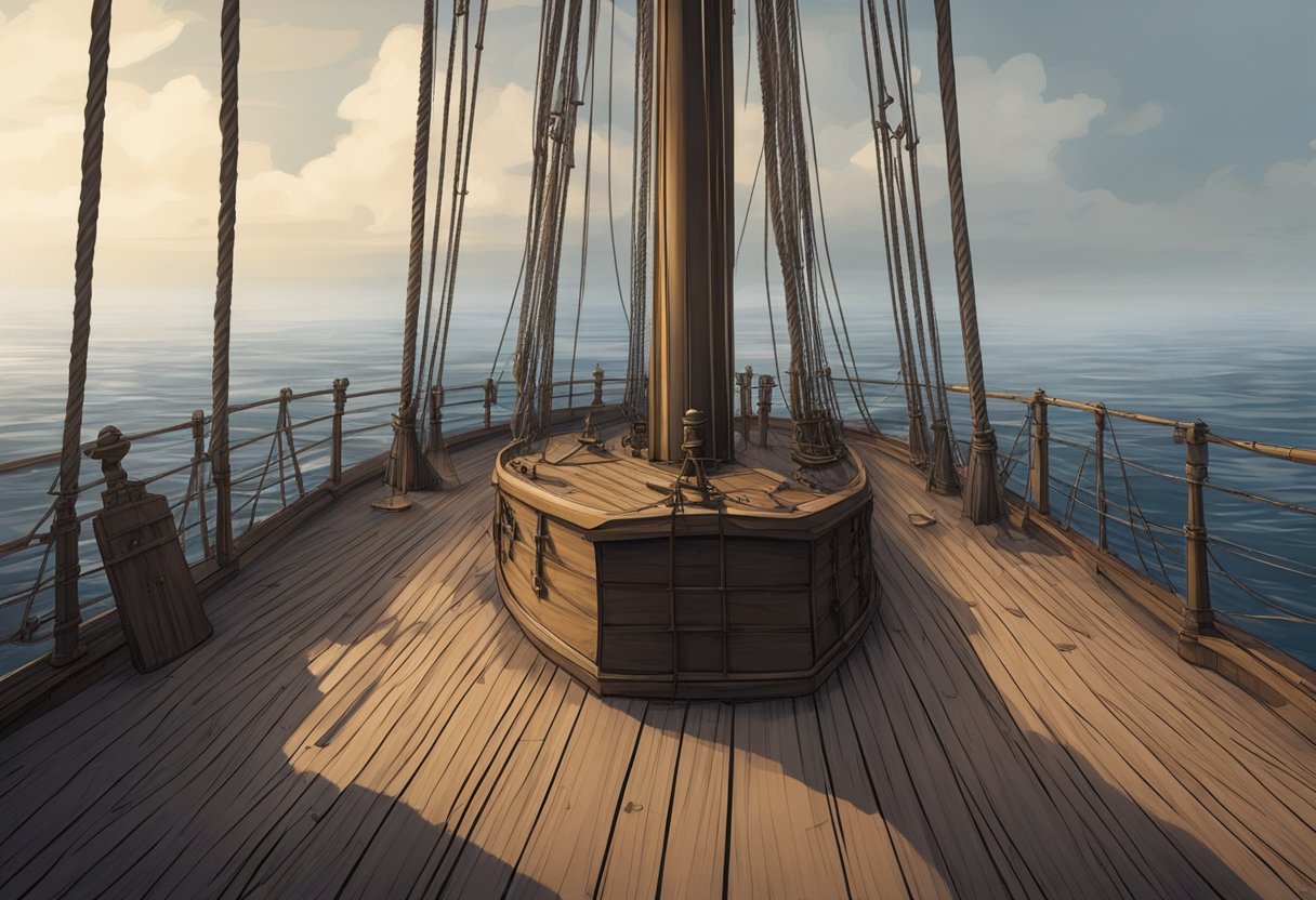 The empty deck of The Mary Celeste, abandoned cargo scattered about, with no sign of the crew. The sails hang limp, the sea calm