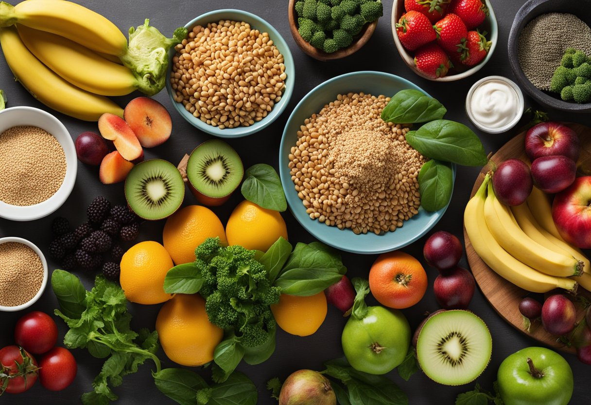 A table set with a variety of colorful fruits, vegetables, grains, and plant-based proteins. A cookbook open to a vegan recipe, surrounded by fresh produce