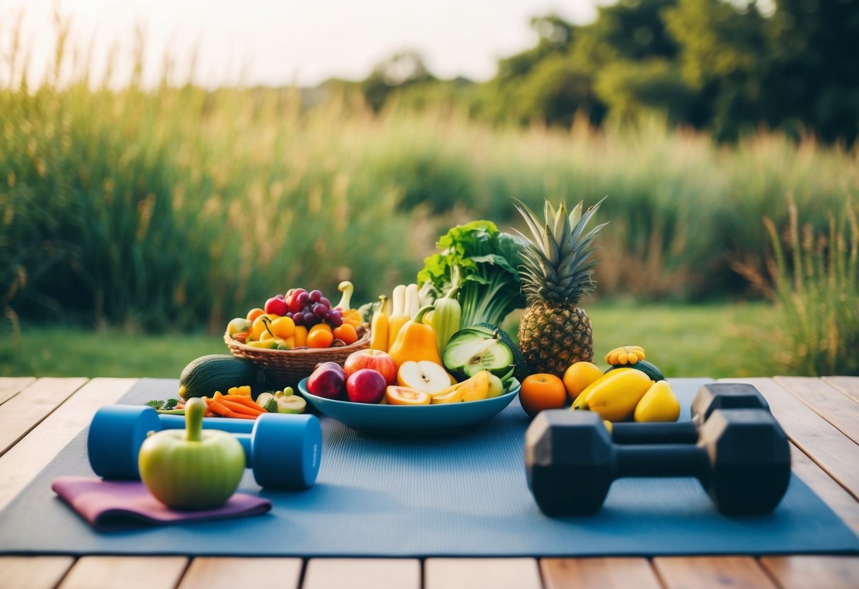 Ein Tisch, der mit verschiedenen bunten Früchten und Gemüse gedeckt ist, umgeben von Yogamatten und Handgewichten. Eine ruhige, natürliche Kulisse rundet die Szene ab