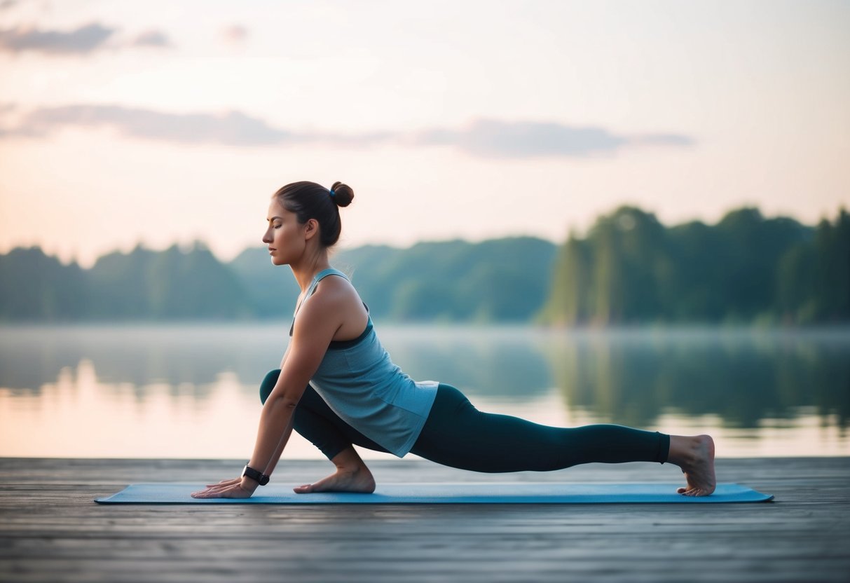 Eine ruhige Umgebung im Freien mit ruhiger Atmosphäre, in der eine ruhige und konzentrierte Person langsame, bewusste Fitnessbewegungen ausführt