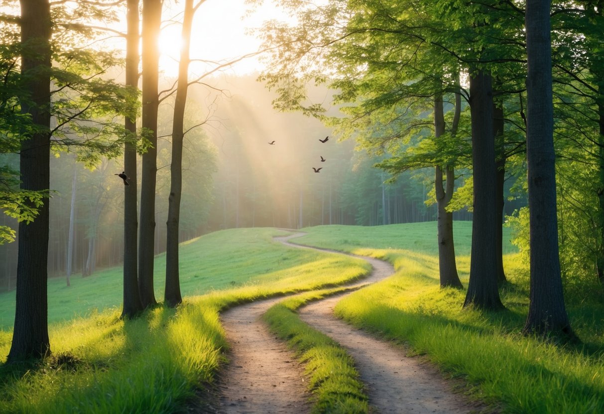 Eine ruhige Landschaft mit einem kurvenreichen Pfad durch einen friedlichen Wald, in dem sanftes Sonnenlicht durch die Bäume fällt und in der Ferne Vögel zwitschern