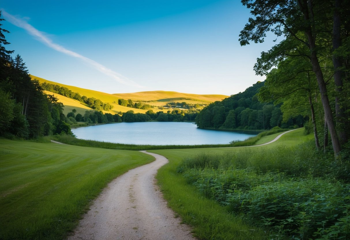 Eine ruhige Landschaft mit einem gewundenen Pfad durch einen üppigen Wald, der zu einem ruhigen See führt, umgeben von sanften Hügeln und einem klaren blauen Himmel