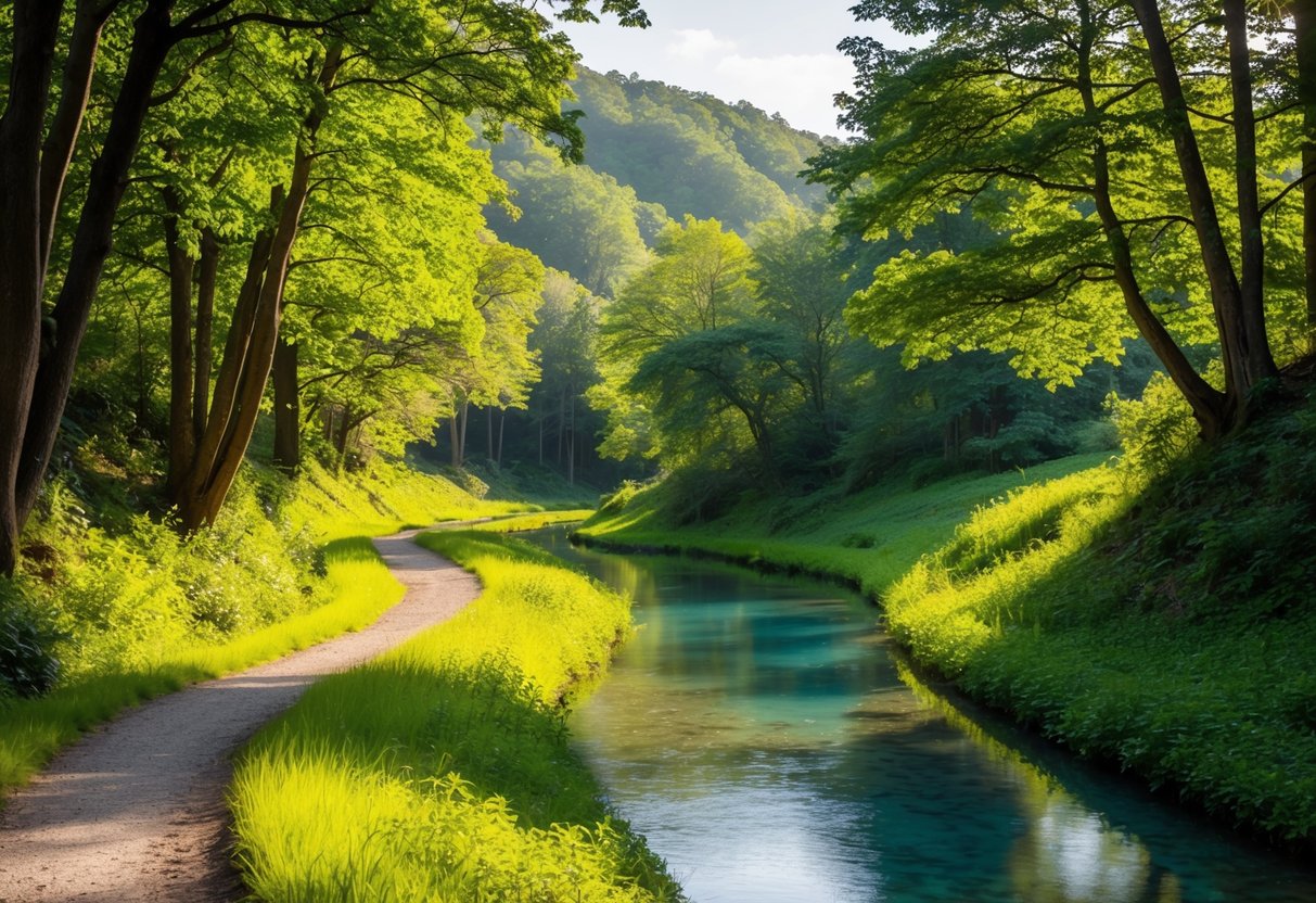 Eine ruhige Landschaft mit einem gewundenen Pfad durch einen üppigen Wald, gesprenkeltem Sonnenlicht, das durch die Bäume fällt, und einem klaren, ruhigen Bach, der am Weg entlang fließt