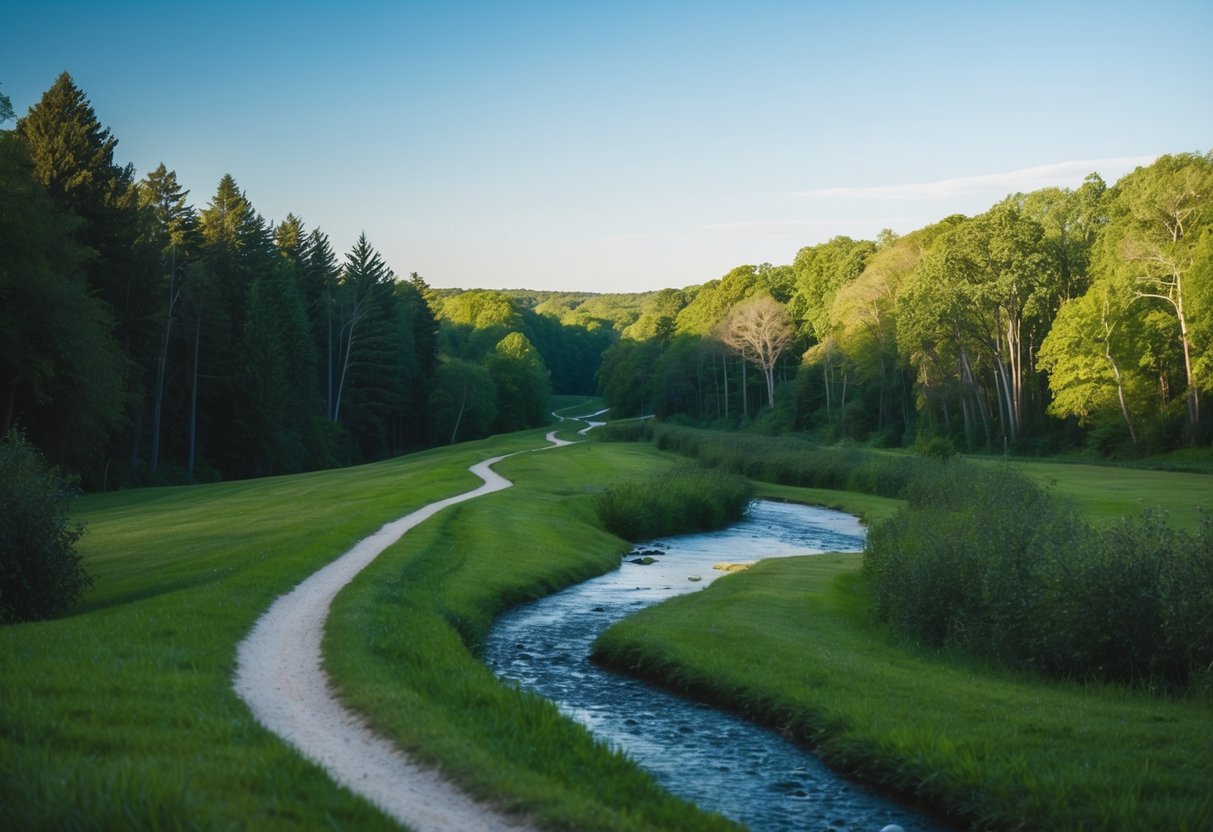 Eine ruhige Landschaft mit einem gewundenen Pfad durch einen üppigen Wald, einem sanften Bach und einem klaren blauen Himmel