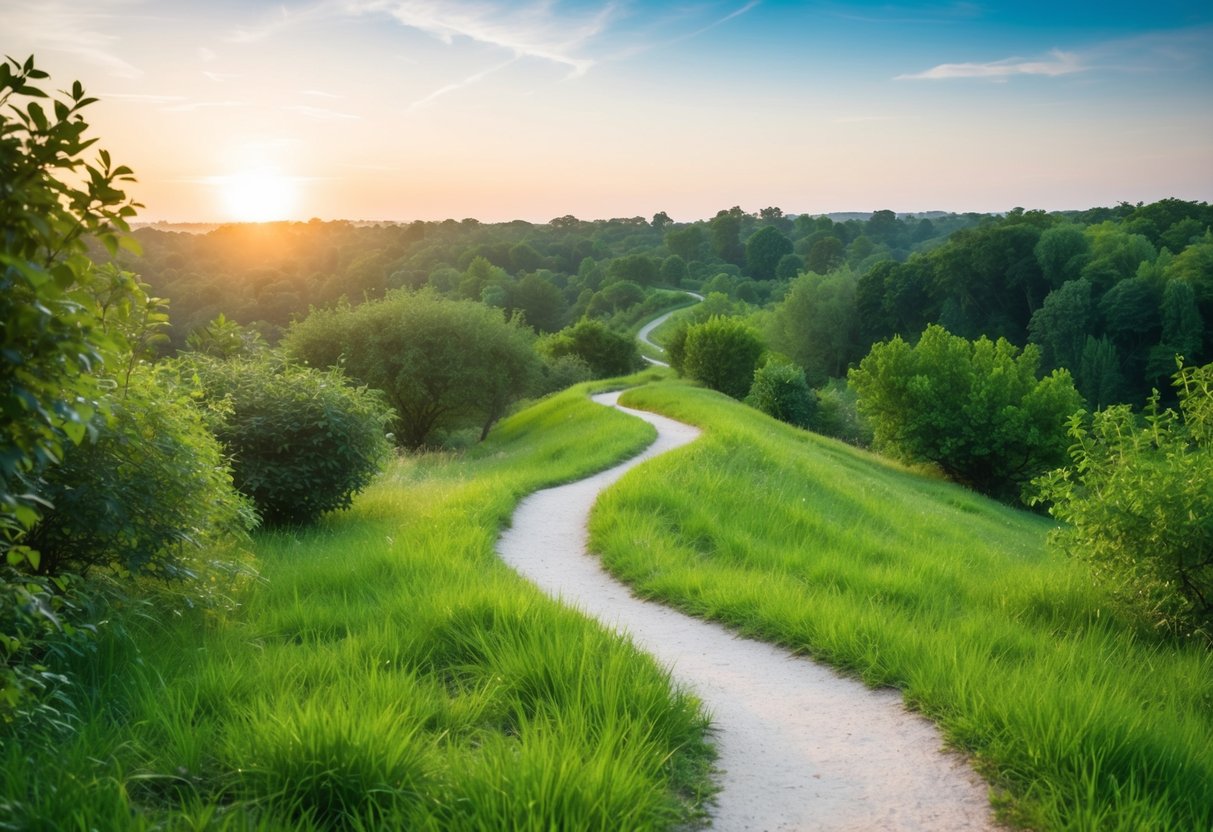 Eine ruhige Naturlandschaft mit einem kurvenreichen Weg für langsames Cardiotraining, umgeben von üppigem Grün und einer friedlichen Atmosphäre