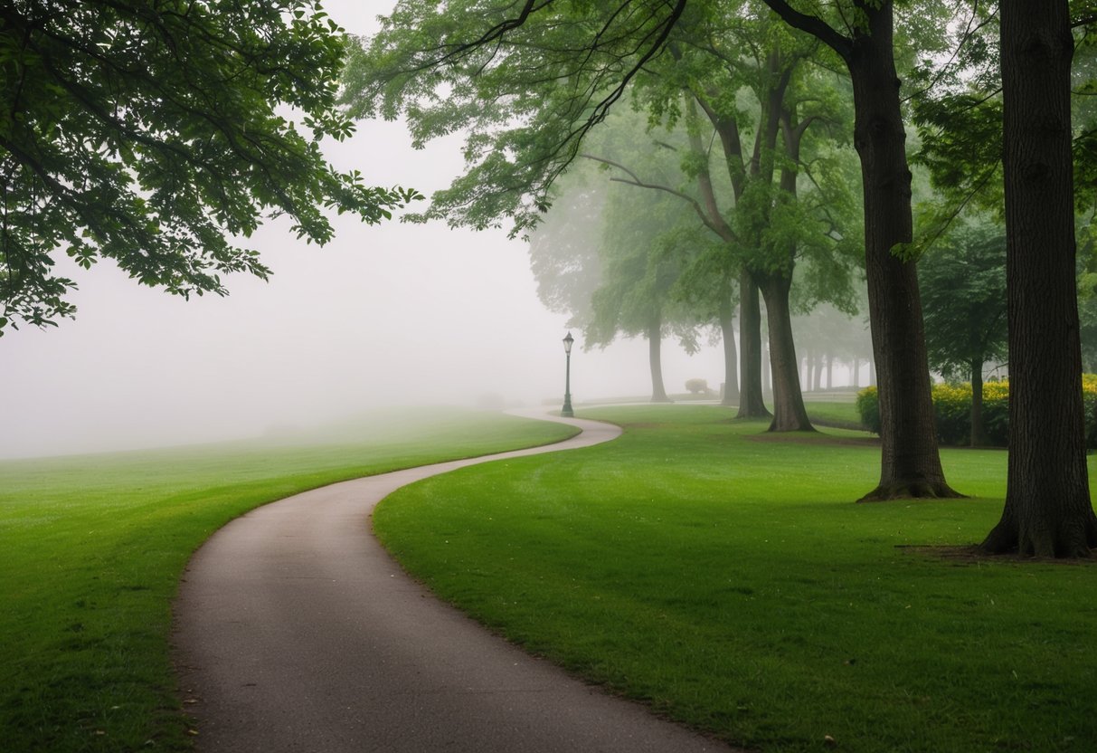 Ein ruhiger Park mit einem gewundenen Weg, umgeben von üppigem Grün und hohen Bäumen. Ein sanfter Nebel liegt in der Luft und schafft eine friedliche und ruhige Atmosphäre