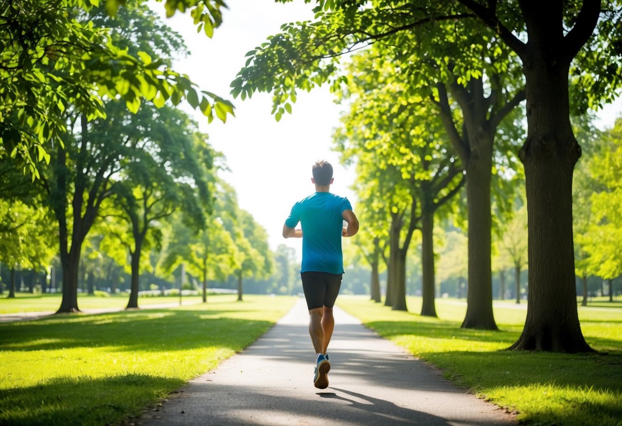 Eine Person joggt langsam durch einen ruhigen Park, umgeben von üppigem Grün und hohen Bäumen. Das Sonnenlicht dringt durch die Blätter und wirft gesprenkelte Schatten auf den Weg