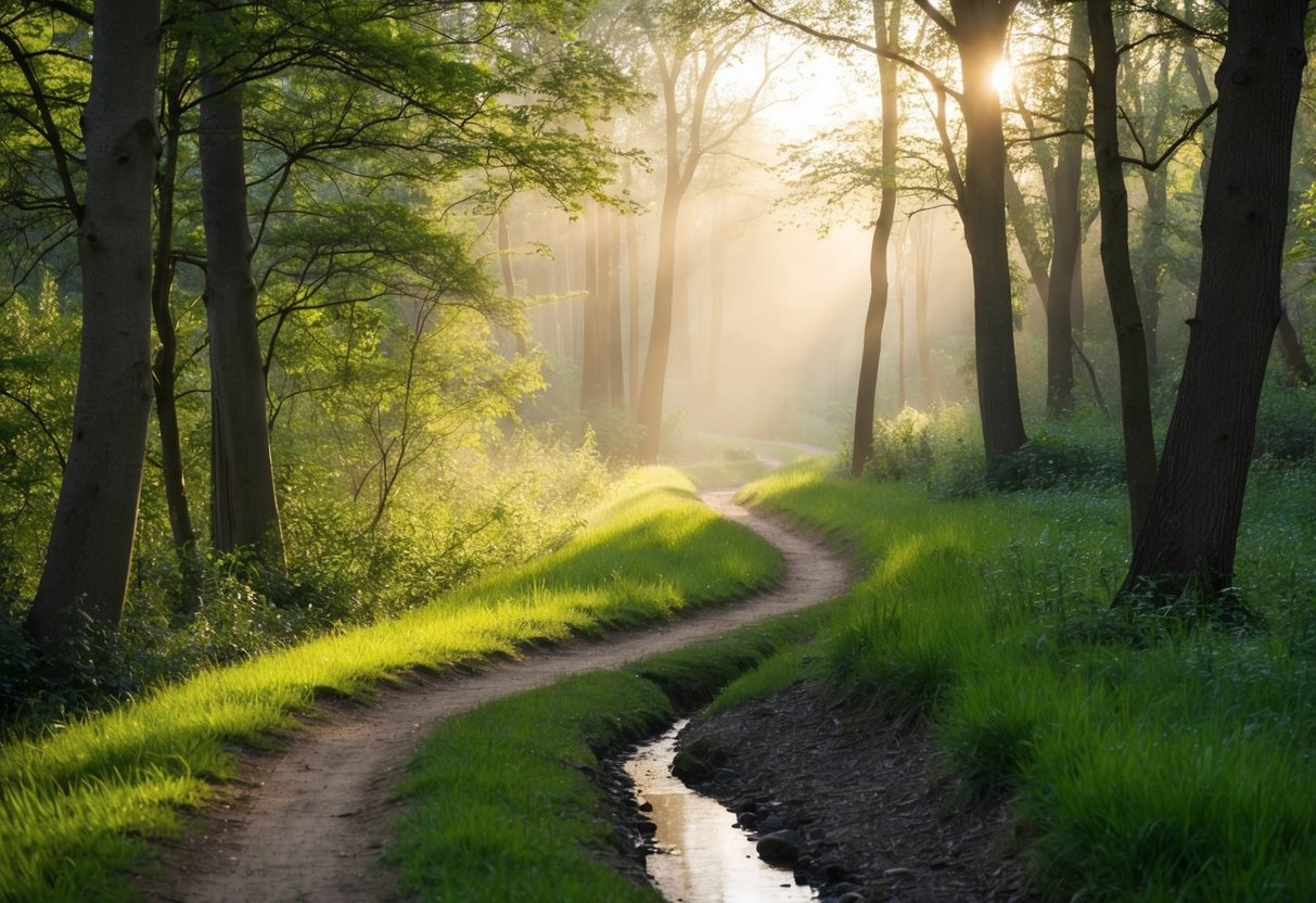 Ein friedlicher Waldweg mit sanftem, gesprenkeltem Sonnenlicht, das durch die Bäume fällt. Ein sanfter Bach fließt entlang des Weges und Vogelgezwitscher erfüllt die Luft