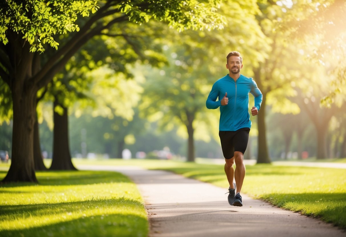 Eine Person joggt langsam durch einen ruhigen Park, umgeben von üppigem Grün und sanftem Sonnenlicht, das durch die Bäume fällt