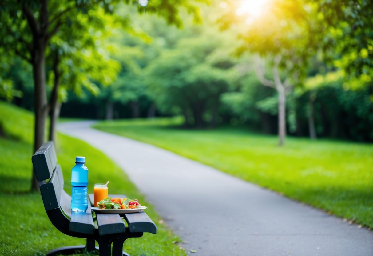 Ein ruhiger Park mit einem kurvenreichen Weg, umgeben von üppigem Grün. Auf einer Bank in der Nähe stehen eine Wasserflasche und gesunde Snacks