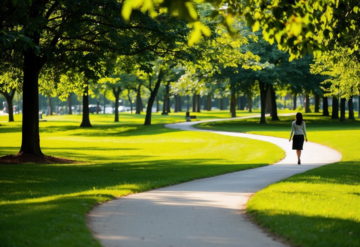 Ein ruhiger Park mit einem gewundenen Weg, umgeben von üppigem Grün und gesprenkeltem Sonnenlicht. Man sieht eine Figur, die sich anmutig in Zeitlupe den Weg entlang bewegt