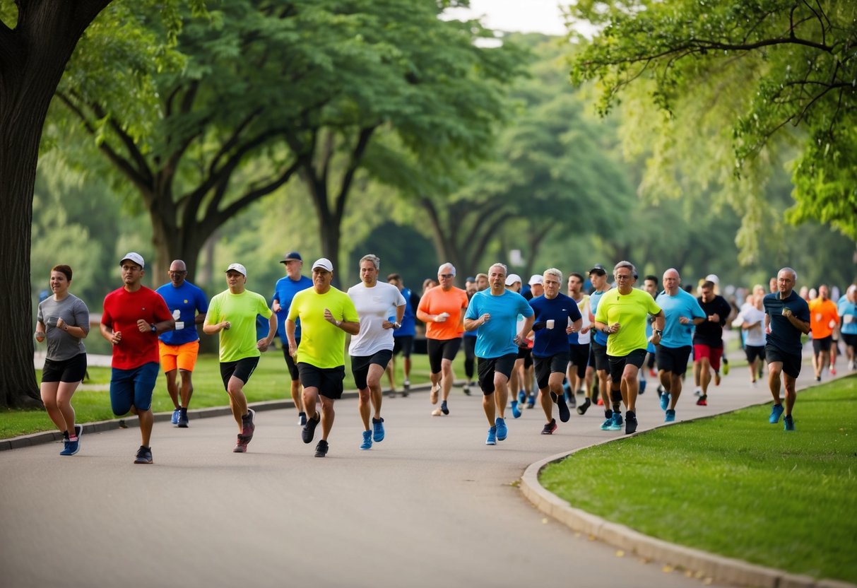 Eine Gruppe von Menschen versammelt sich in einem Park, umgeben von Bäumen und Grün. Sie nehmen an einem langsamen Jogging-Event teil, bei dem unter den Teilnehmern ein Gemeinschaftsgefühl und Kameradschaftsgefühl spürbar ist